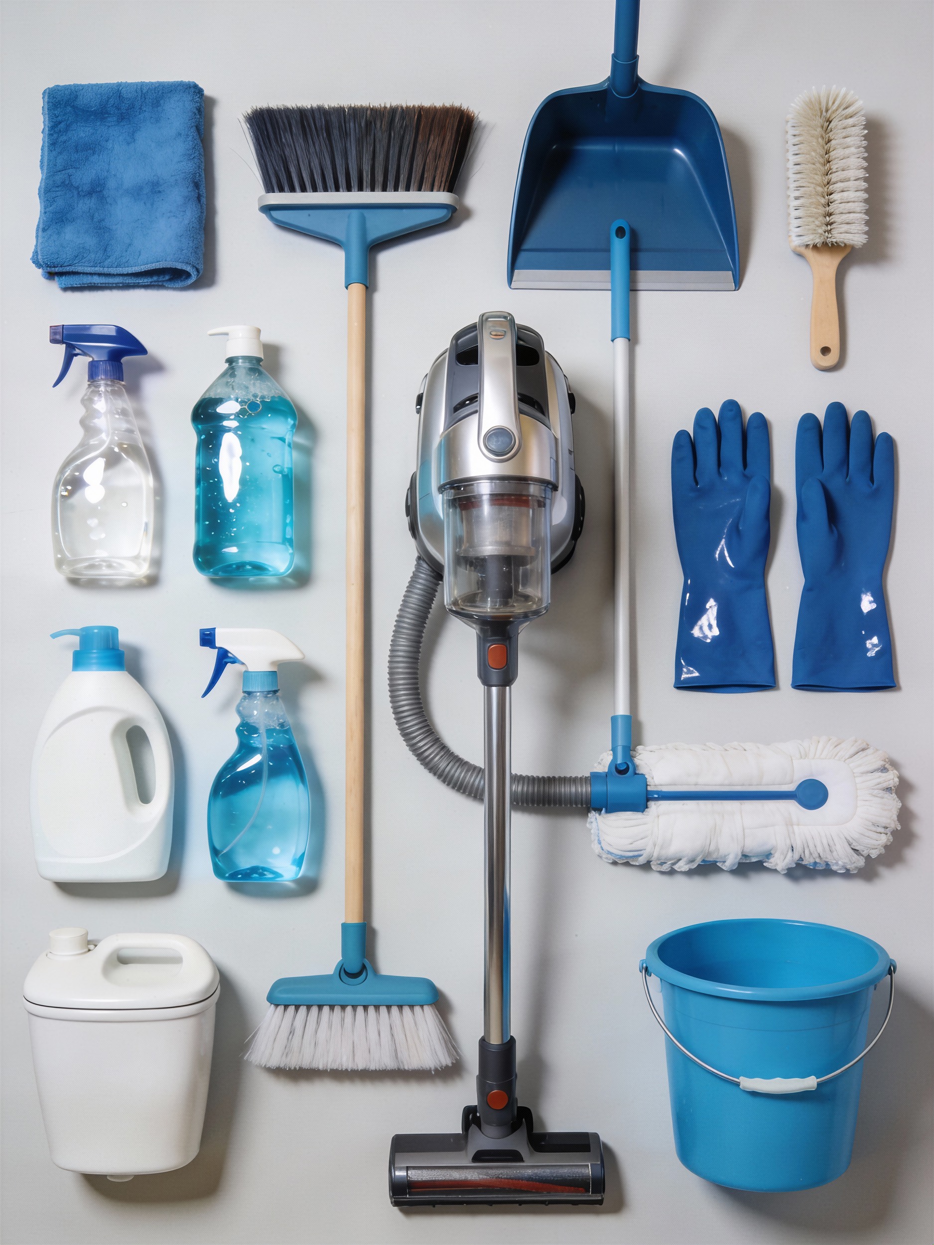 Essential home cleaning supplies organized for efficient housekeeping