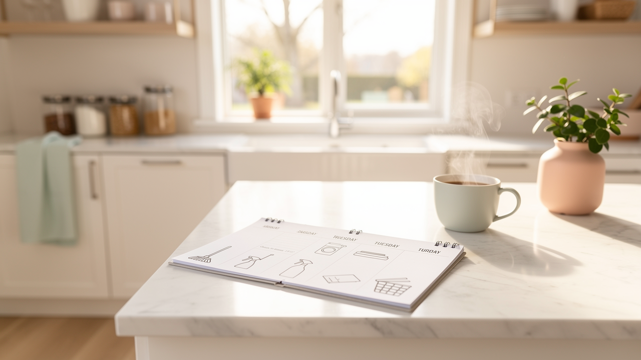 Weekly cleaning schedule infographic showing daily tasks